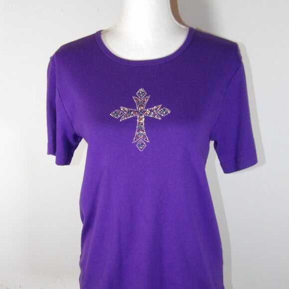 Tapestry Patch Purple Tee Shirt with Rhinestone Cross on the front Size XL - Picture 3 of 4